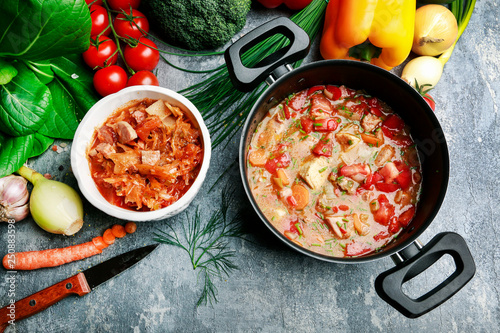Goulash soup and colorful vegetables.