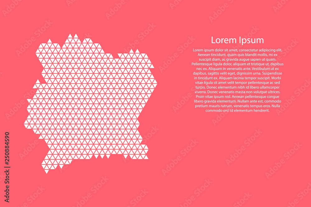 Ivory Coast map abstract schematic from white  triangles repeating pattern geometric on pink living coral color  background with nodes for banner, poster, greeting card. Vector illustration.