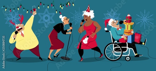 Senior people celebrating winter holidays and singing karaoke, EPS 8 vector illustration