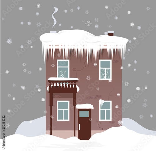House in winter under snow with heavy ice dam on the roof, EPS 8 vector illustration