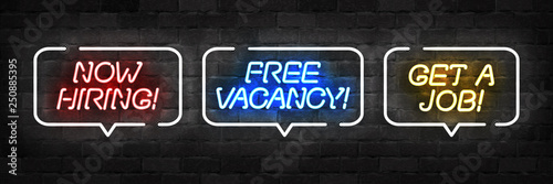 Vector set of realistic isolated neon sign of Hiring logo for decoration and covering on the wall background. Concept of free vacancy and job.