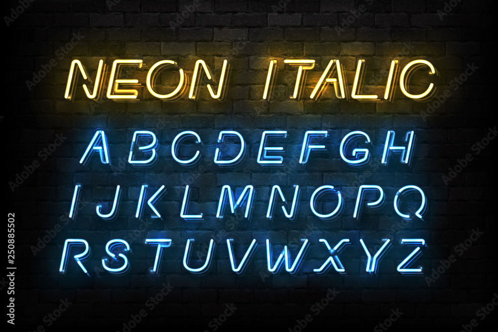 Vector realistic isolated Neon Italic font for template decoration and layout covering on the wall background.