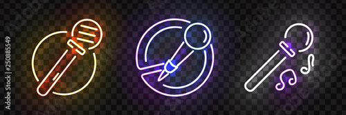 Vector set of realistic isolated neon sign of Microphone logo for template decoration and covering on the transparent background. Concept of music, stand up comedy show and karaoke.
