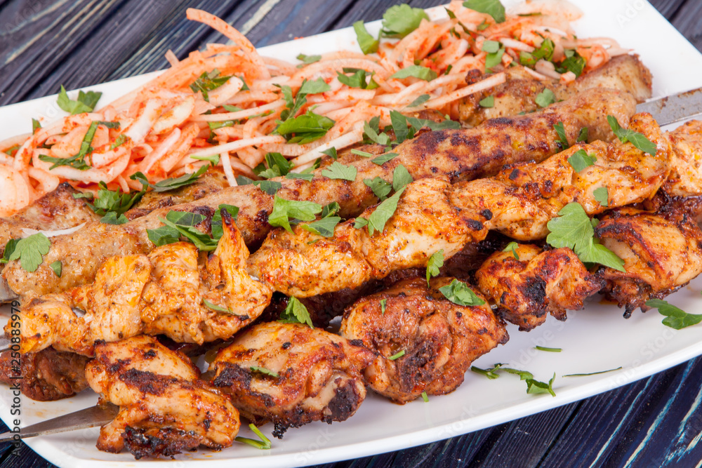 delicious grilled lamb shashlik with on the table delicious grilled lamb shashlik with on the table