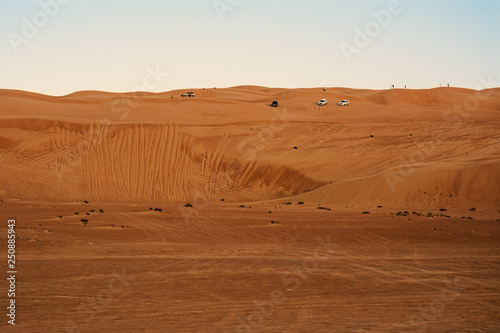 Off-road vehicle over desert dunes wahiba sands at sunset (Oman)