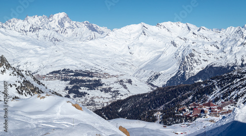 Scenic view of the popular ski resort Les Arcs in French Savoy Alps.