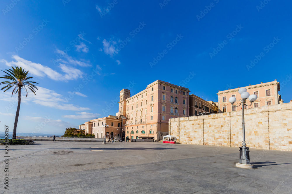 Bastion Saint Remy and the panoramic Terrace Umberto form which you can enjoy a wide view of the city and of the port of Cagliari, Sardinia, Italy