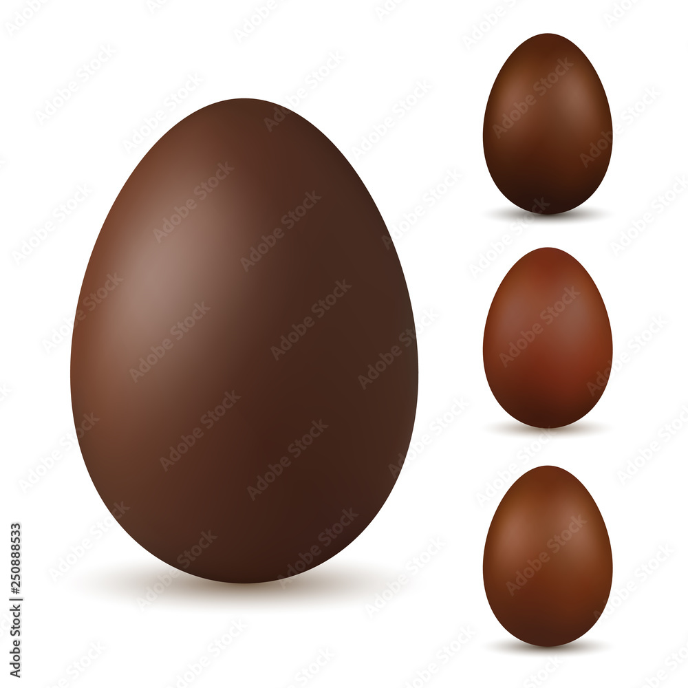 Easter egg 3d. Chocolate brown eggs set, isolated white background. Traditional sweet candy dessert, decoration Happy Easter celebration. Design element spring holiday, greeting. Vector illustration Easter egg 3d. Chocolate brown eggs set, isolated white background. Traditional sweet candy dessert, decoration Happy Easter celebration. Design element spring holiday, greeting. Vector illustration