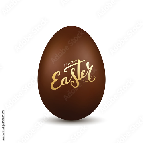 Easter egg 3d. Chocolate brown egg, gold hand drawn lettering, isolated white background. Traditional sweet candy dessert, decoration Happy Easter celebration. Design for holiday. Vector illustration