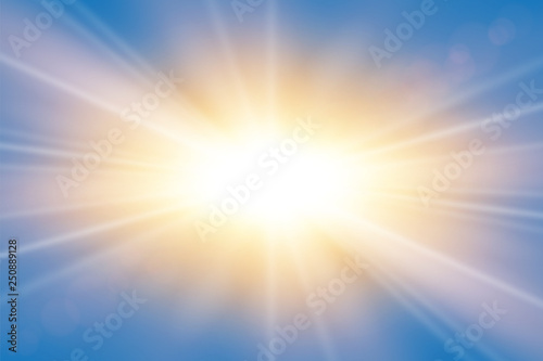 Sun rays. Starburst bright effect, isolated on blue background. Gold light star flash. Abstract shine beams. Vibrant magic sparkle explosion. Glowing burst, lens effect. Vector illustration