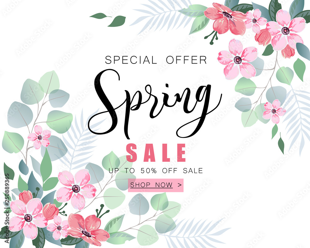 Spring sale banner with sakura flowers and eucalyptus. Spring sale banner with sakura flowers and eucalyptus.