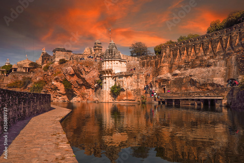 a stone fortress on the hill of fort chittorgarh in india in evening at sunset. architectural landmark     photo