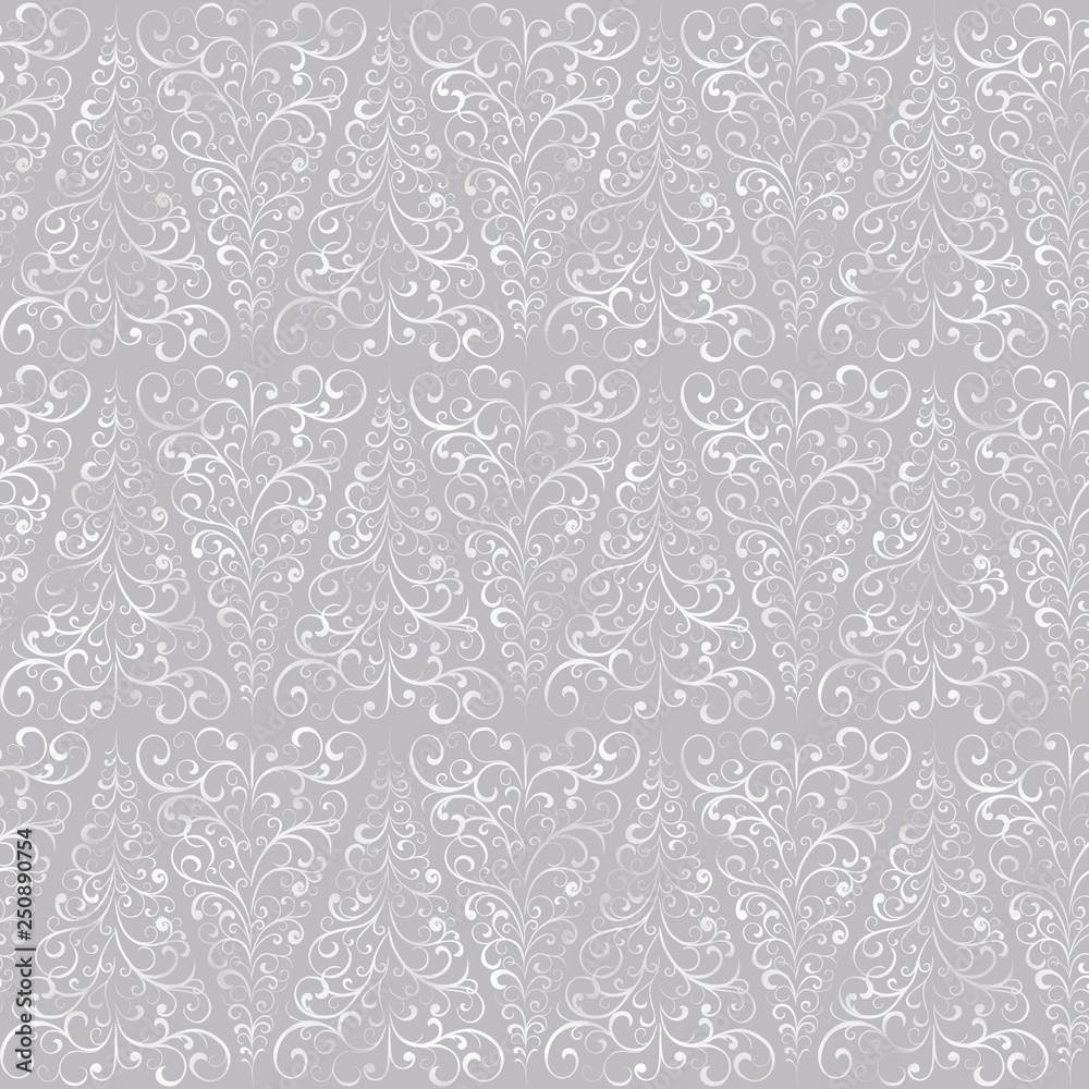 Christmas Tree Pattern Silver on Grey Design Digital Foil. Elegant Design for Background, Wrapping Paper, Fabric, Print and Web