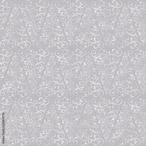 Christmas Tree Pattern Silver on Grey Design Digital Foil. Elegant Design for Background, Wrapping Paper, Fabric, Print and Web