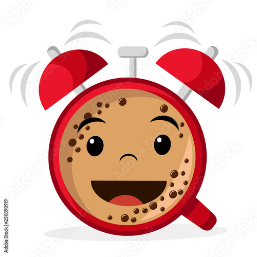 Cup of coffee in the shape of an alarm clock smiles on a white background.