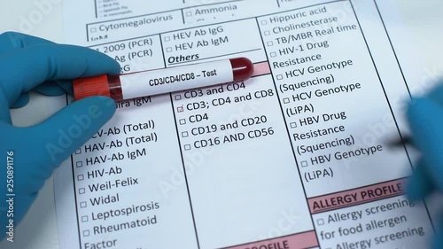 CD3, CD4, CD8, doctor checking names in lab blank, showing blood sample in tube photo