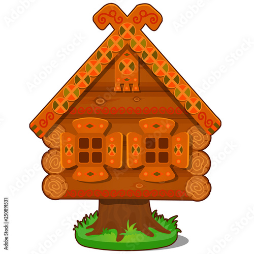 Wooden house of Baba Yaga isolated on white background. The character of Russian folk tales. Vector cartoon close-up illustration.