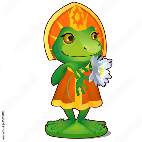 Animated Princess frog in clothes isolated on white background. The character of Russian folk tales. Vector cartoon close-up illustration.