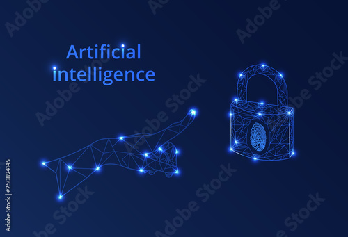 Lock. Cyber security concept, protection. Polygonal wireframe mesh looks like constellation on dark blue night sky with dots and stars. Доступ по отпечатку пальца