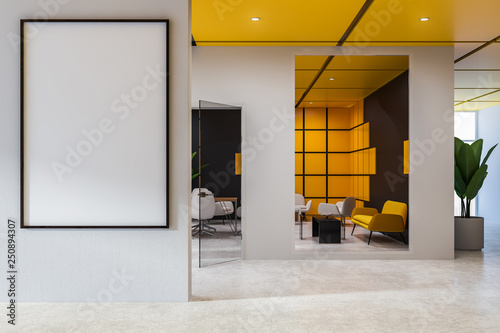 Black and yellow office waiting room with poster
