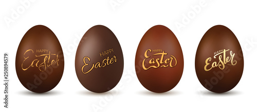 Easter egg 3d. Chocolate brown eggs set, isolated white background. Traditional candy dessert, decoration lettering text Happy Easter celebration. Design element holiday, greeting. Vector illustration