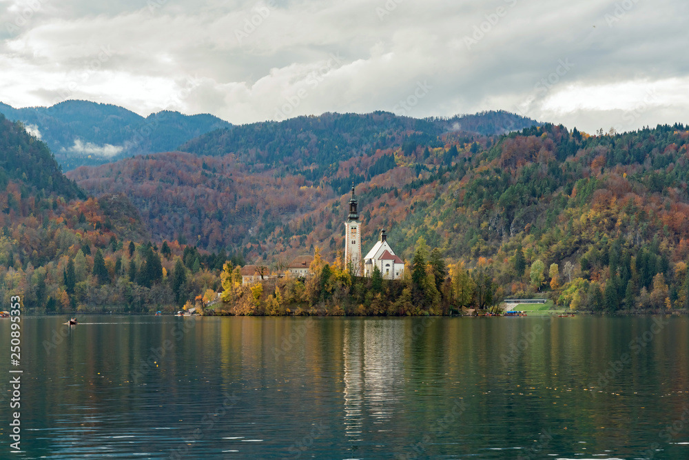 Beautiful autumn landscape around Lake Bled with Pilgrimage Church of the Assumption of Maria