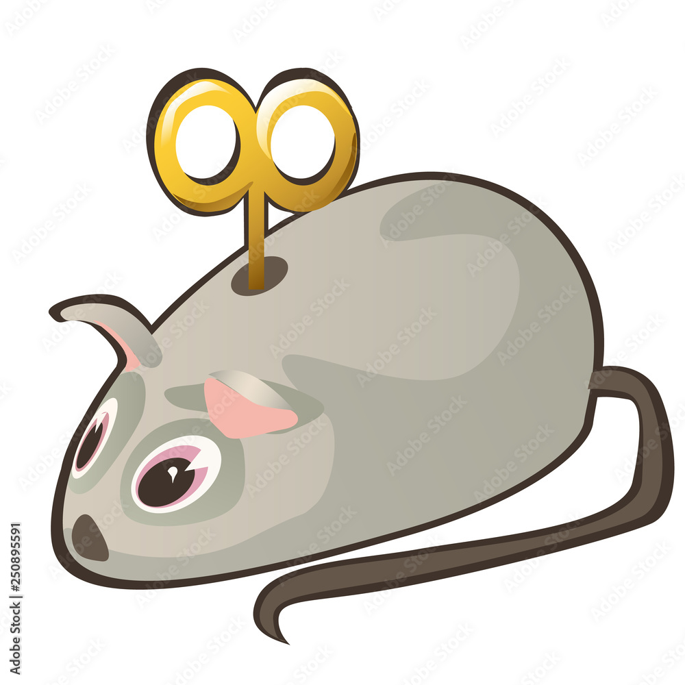 Clockwork mouse with key isolated on white background. Vector cartoon close-up illustration. Clockwork mouse with key isolated on white background. Vector cartoon close-up illustration.