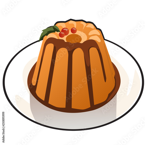 Pumpkin pudding with chocolate topping isolated on white background. Illustration for a recipe book of tasty and healthy food. Cartoon vector close-up.