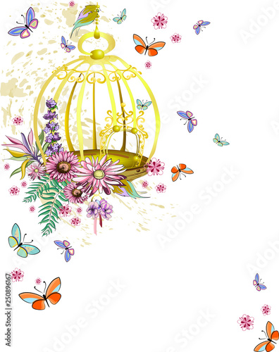 bird cage hanging from branch with different flowers and leaves on blue watercolor background