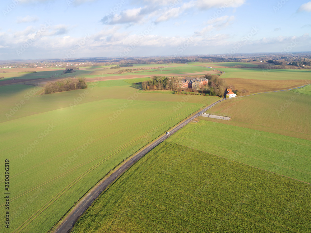Aerial view of Battle field, Napoleon,  Lion's Mound, Waterloo, Belgium, Green farm field during autumn season.