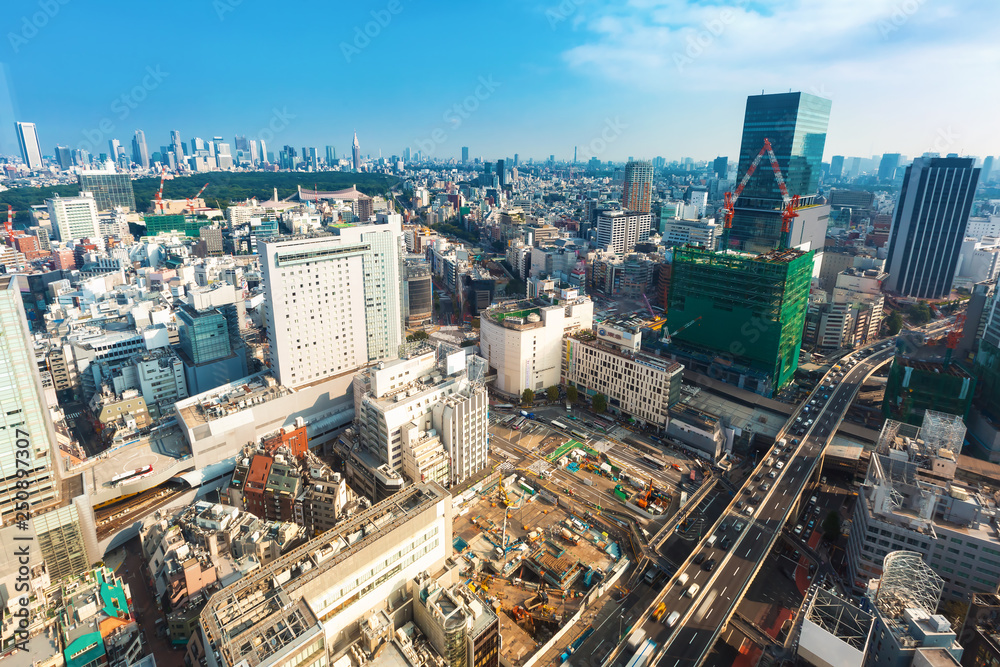 Aerial view of Shibuya, Tokyo, Japan in the morning