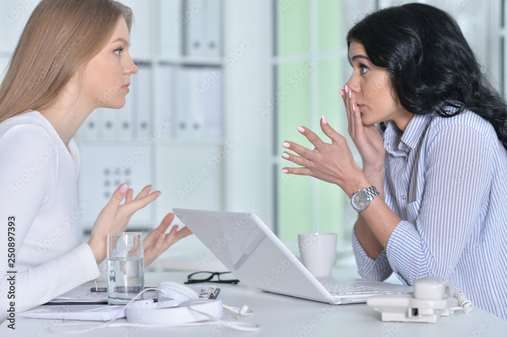 Portrait of two young women working at office with laptop Portrait of two young women working at office with laptop