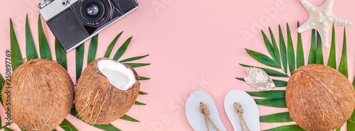 Palm leaves and coconuts on pink pastel background
