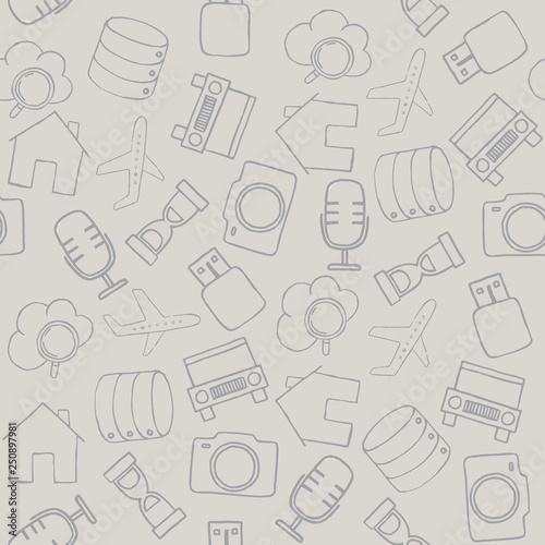 Set of diverse technological items and equipment doodle icons
