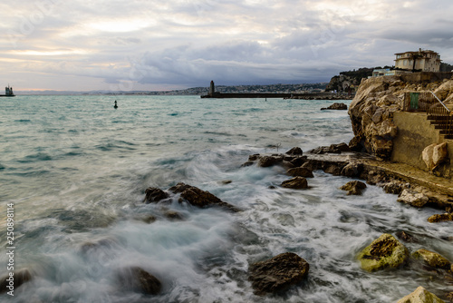 Beautiful seascape. Storm at sea. Harbor in Nice, French Riviera, France