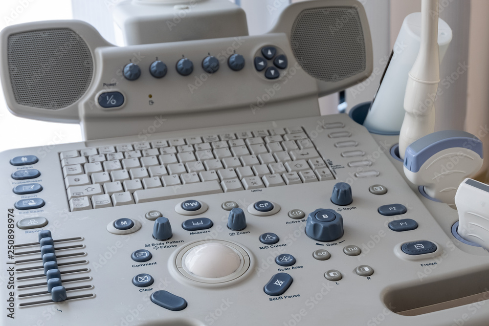 Close-up. The control panel of the ultrasound machine for the diagnosis and examination of human internal organs through a computer. Hospital equipment. Modern methods of medical research.