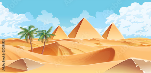 Fototapeta Horizontal background with desert and palms. Pyramids on the horizon.