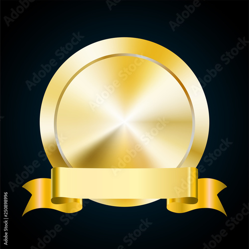 Blank gold medal token and ribbon banner, vector illustration of award