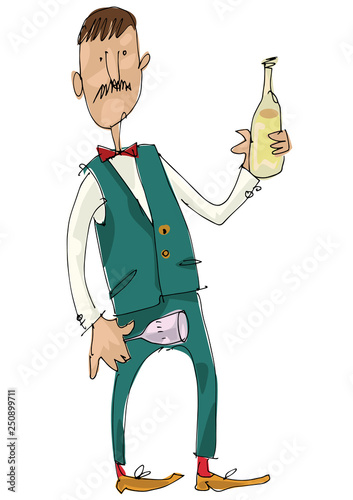 An young mustached sommelier brings tray with a wine bottle and two glases. Cartoon. Caricature.