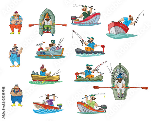 A set of fishermen, sailors, boats, and stuff like that. Cartoon. Caricature.