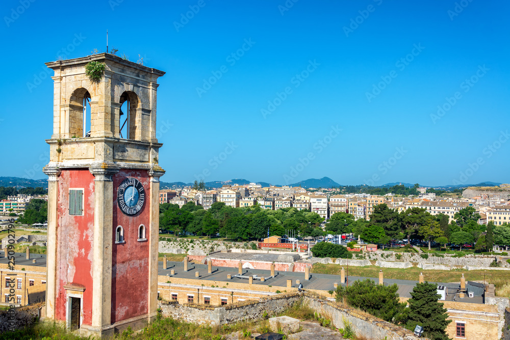 Clock Tower and Cityscape in Corfu, Greece