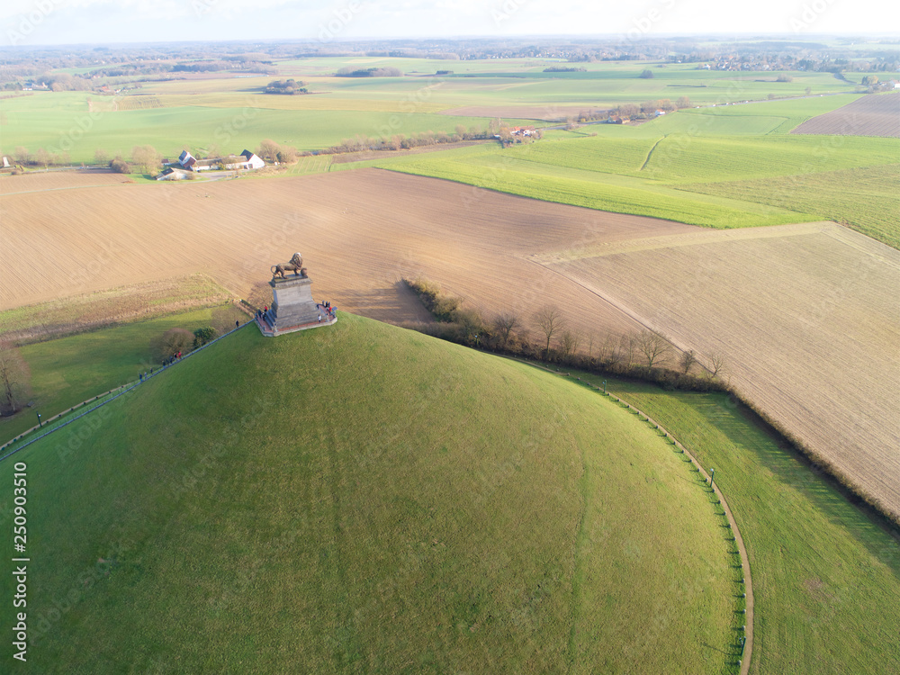 Aerial view of The Lion's Mound with farm land around.  The immense Butte Du Lion on the battlefield of Waterloo where Napoleon died. Belgium. 