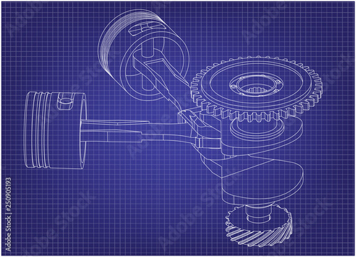 Crankshaft and two pistons on a blue 