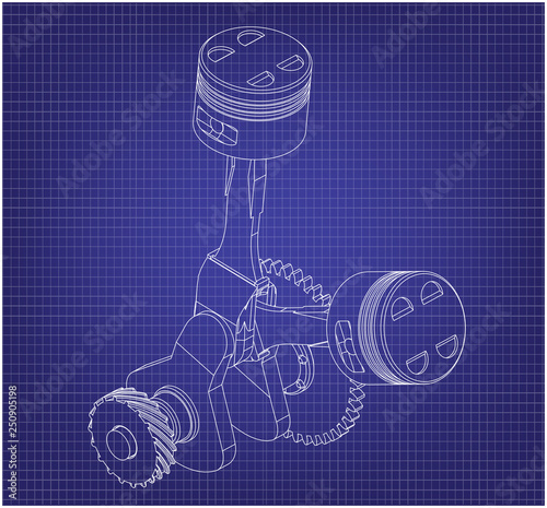 Crankshaft and two pistons on a blue 