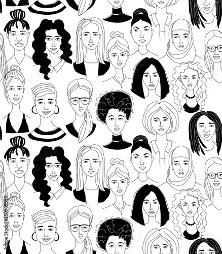 Women's head seamless pattern background grunge line drawing doodle poster