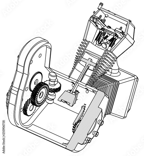 Disassembled motorcycle engine on a white
