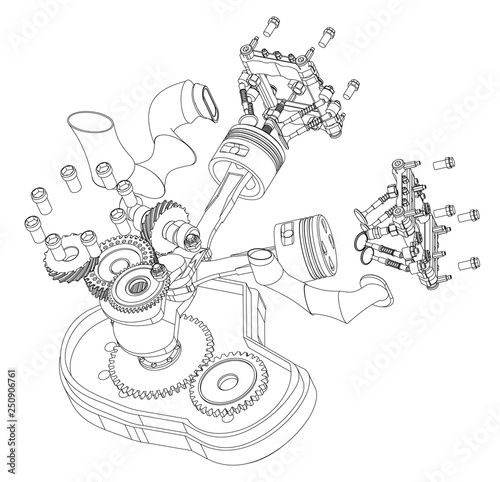 Disassembled motorcycle engine on a white