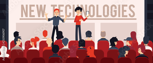 Vector two speakers in front of audience concept