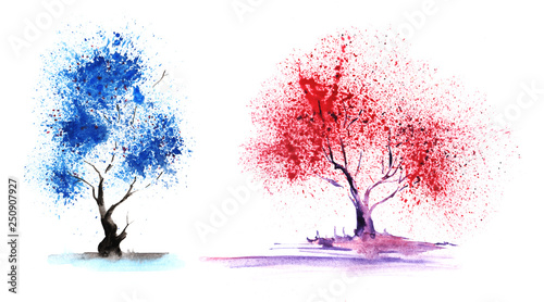 Set of two elements. Abstract color-trees with a magnificent blue and red  crown. Hand-drawn watercolor illustration. © Olga