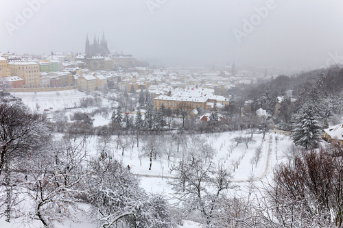 Snowy Prague City from Hill Petrin, Czech republic